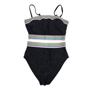 Black Two-Piece Womens Swimsuit Multicolor Stripe Detail Size S